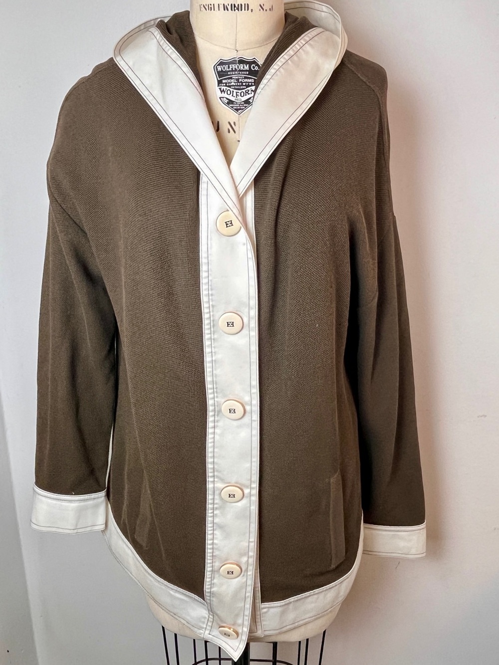 Sz. 38 ESCADA Women's Olive Green Hooded Jacket with Cream Trim